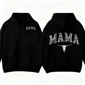 Western Leopard Print Mama Hoodie with Cow Skull Graphic for Trendy Country Mom Style Black Long Sleeve Sweatshirt