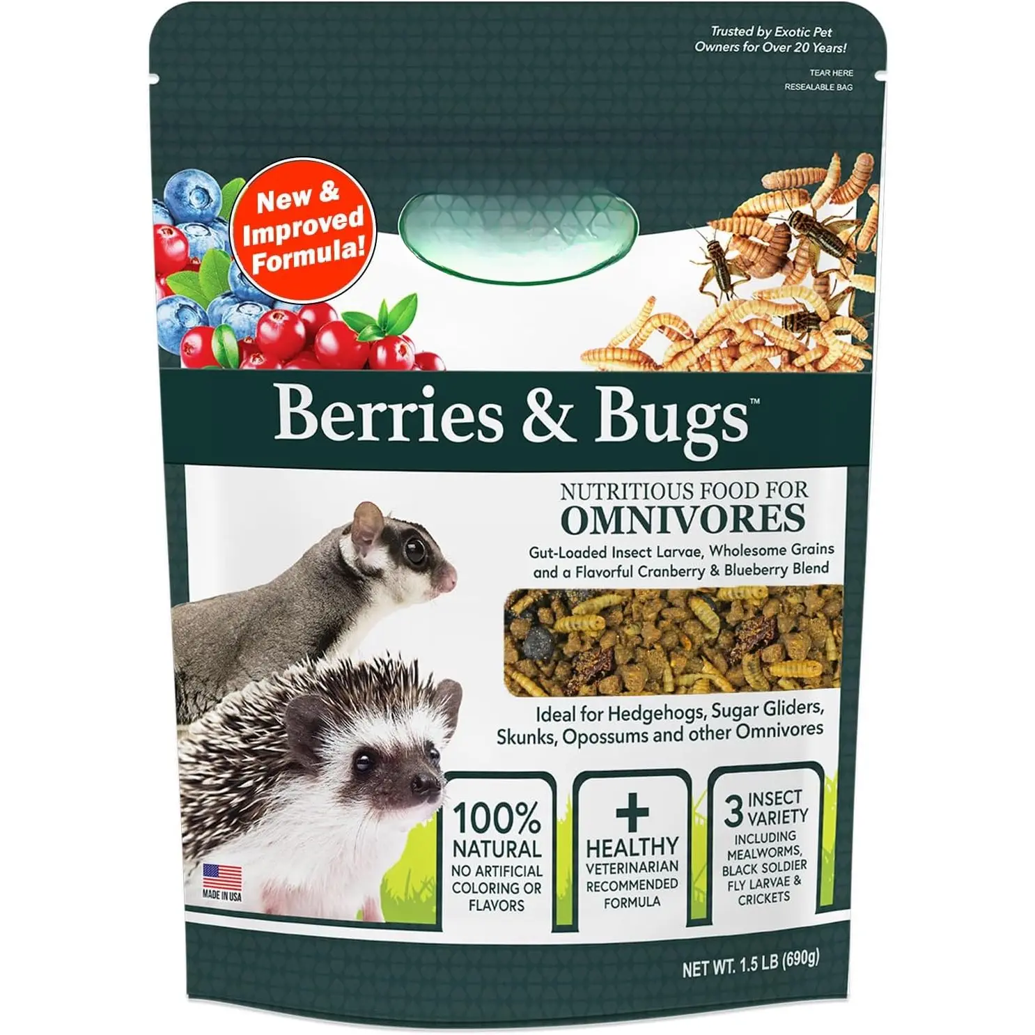 Berries & Bugs 1.5 lb Natural High-Protein High-Fiber Insectivore Food for Hedgehogs - Gut-Loaded Insects, Fruit, Vitamins for Small Animal Feeding