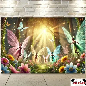 2D Flat Banner 1pc,   Enchanted Fairy Backdrop - Vibrant Sunlit Forest Scene, Colorful Fairies & Butterflies, Perfect Living Room, Bedroom, Office, Outdoor Decorations, Ideal Parties & Holiday Gifts, Party Decorations Banners