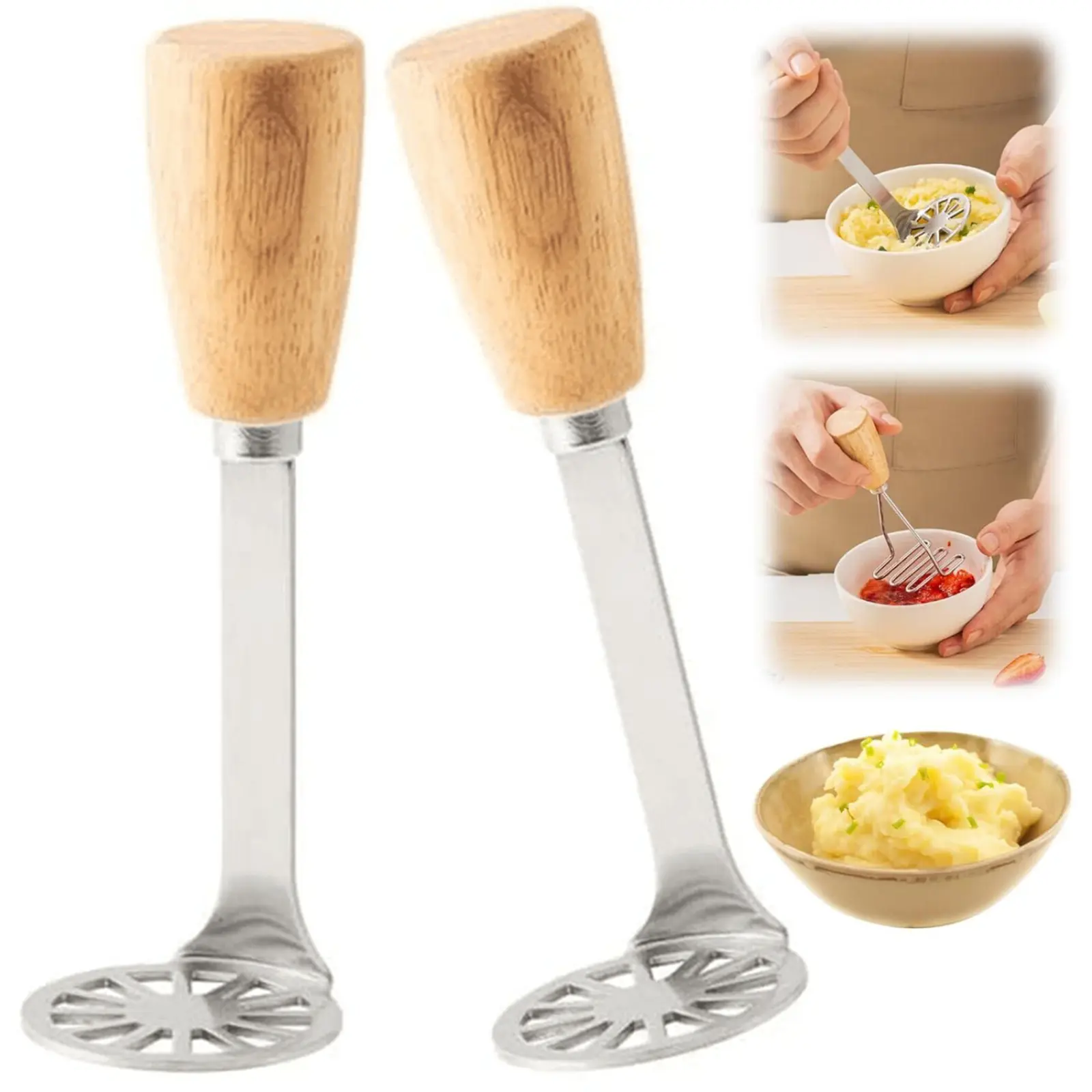 2 Count High Performance Mini Masher Set for Potatoes Avocados and Beans, Stainless Steel Mashed with Wood Handle, Easy Clean Kitchen Utensils