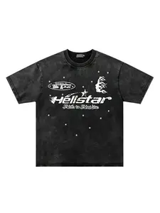 [BT] Vintage Washed Black Hellstar Double Sided Star Flame Graphic T-Shirt,Heavyweight Oversized Retro Grunge Hip Hop Streetwear Top, Summer Casual Short-Sleeve Round-Neck Graphic T-Shirt, Trendy Fashion Tee for Daily Wear and Casual Summer Outfits