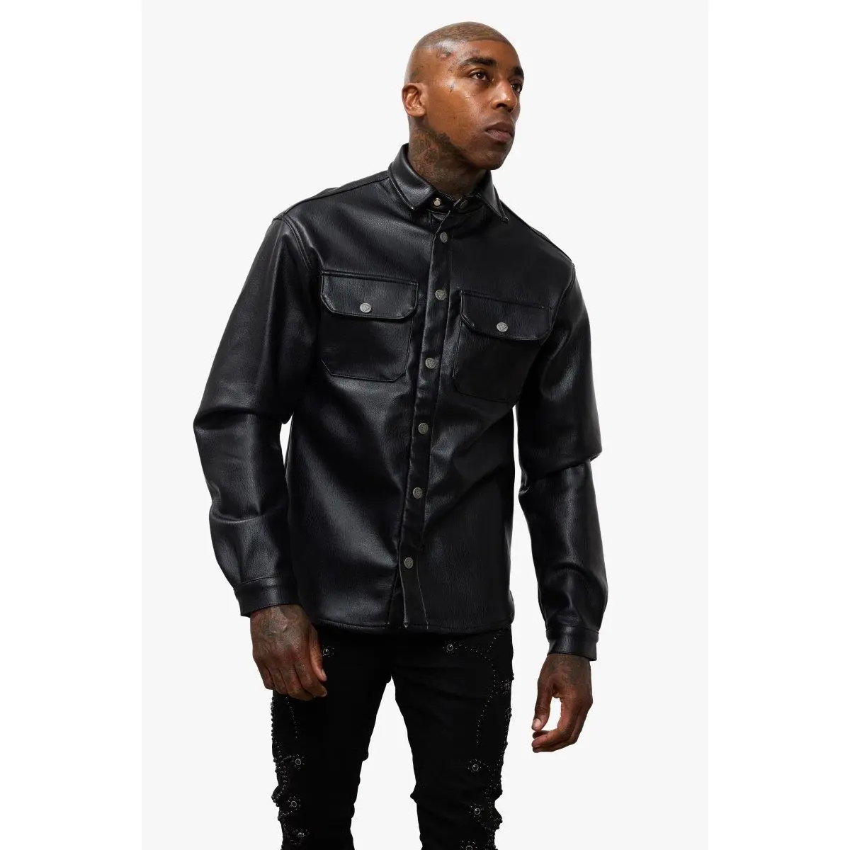 Black Leather Shacket - Essential Statement Button-Down with a Relaxed Fit, Vintage Fade and Utility Pockets, Unisex, Everyday, Women, Tee, Fabric
