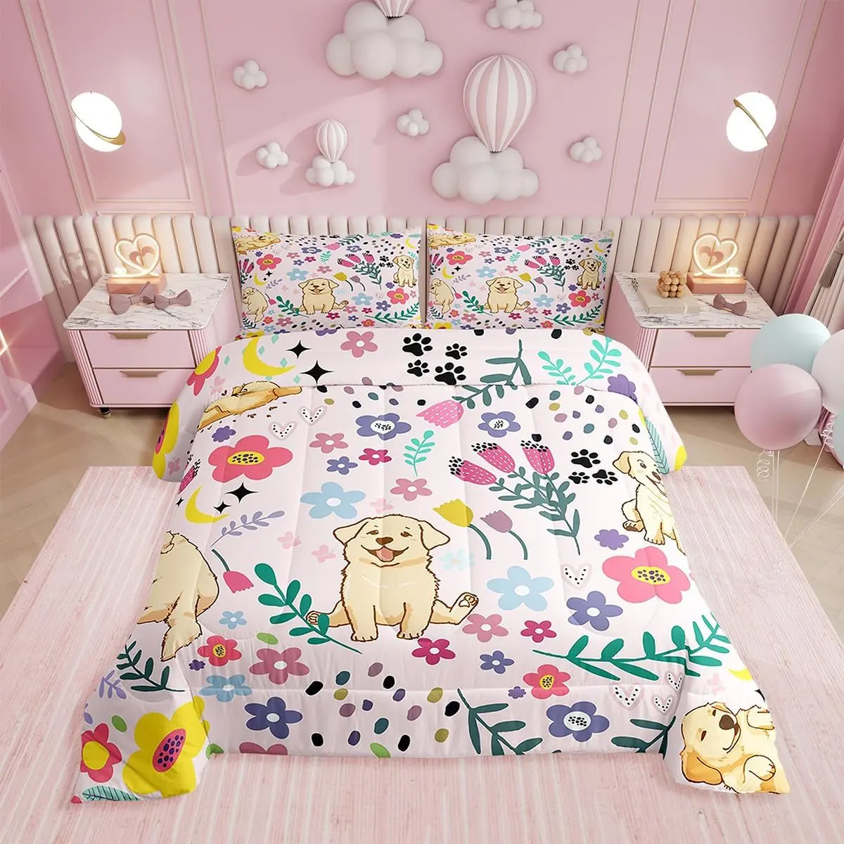 Feelyou Cartoon Animal Flower Printed Bedding Duvet - Breathable Soft Microfiber Skin Friendly Bed Blanket, Cute Golden Retriever Puppy Design for Kids, Pink Textile Soft Furnishing, Breathable Soft Blanket