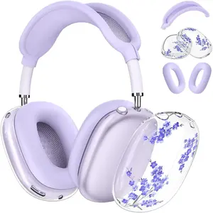 F-HPS31 Silicone Cases for AirPods Max Headphones,Clear Flower Soft TPU Ear Cups Cover,Ear Pad Case Cover,Headband Cover for AirPod Max,Transparent Case for Apple AirPods Max USB-C(2024) for Women,Purple
