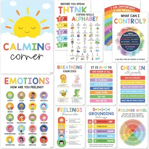 Hartsellshop Emotional Intelligence Posters 12 Calming Corner 10x14 Mental Health Emotions Chart for Kids Durable Laminated Classroom Homeschool Decor for Emotional Regulation Back to School 2025 Mental Health Visual Learning Tools