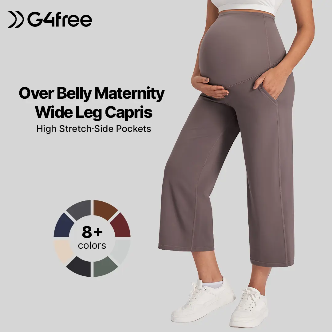 G4Free Wide Leg Maternity Yoga Capris Over The Belly Stretch Pregnancy Cropped Pants with Pockets Maternityclothes