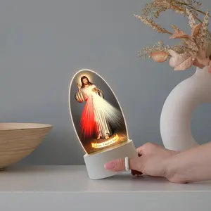 Christian Jesus Night Light, USB Powered Acrylic Olive Carving Table Lamp, <=36v Operating Voltage, Religious Home Decor, Church Souvenir Gift