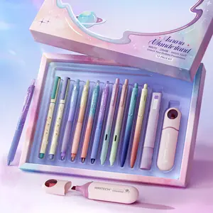 WRITECH Gel Pens Highlighters Journaling: Aurora Wonderland Pen Set, Black Ink Pens Pastel Highlighters Brush Pens, Smooth Writing Drawing No Bleed, Gift for Students,Friends and Family