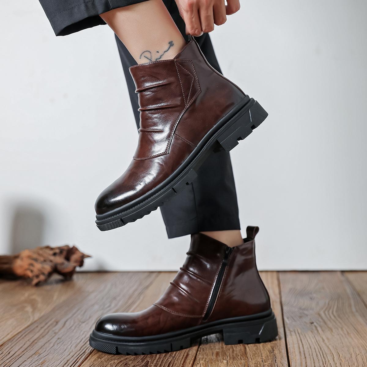 Men’s new high-top shaft boots—fashionable, versatile boots; trendy casual men’s shoes; all-season fashion boots with thick soles.