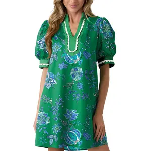 Dokotoo Women's Dress Short Sleeve Print Summer Casual V-Neck Mini Dress Vacation Set Sweet Floral Cotton Puff Sleeve Mini Dress