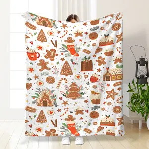Cabin Style Christmas Print Flannel Blanket, Soft Comfortable All Seasons, Digital Polyester Knit Craft, Holiday Gingerbread Cake Design