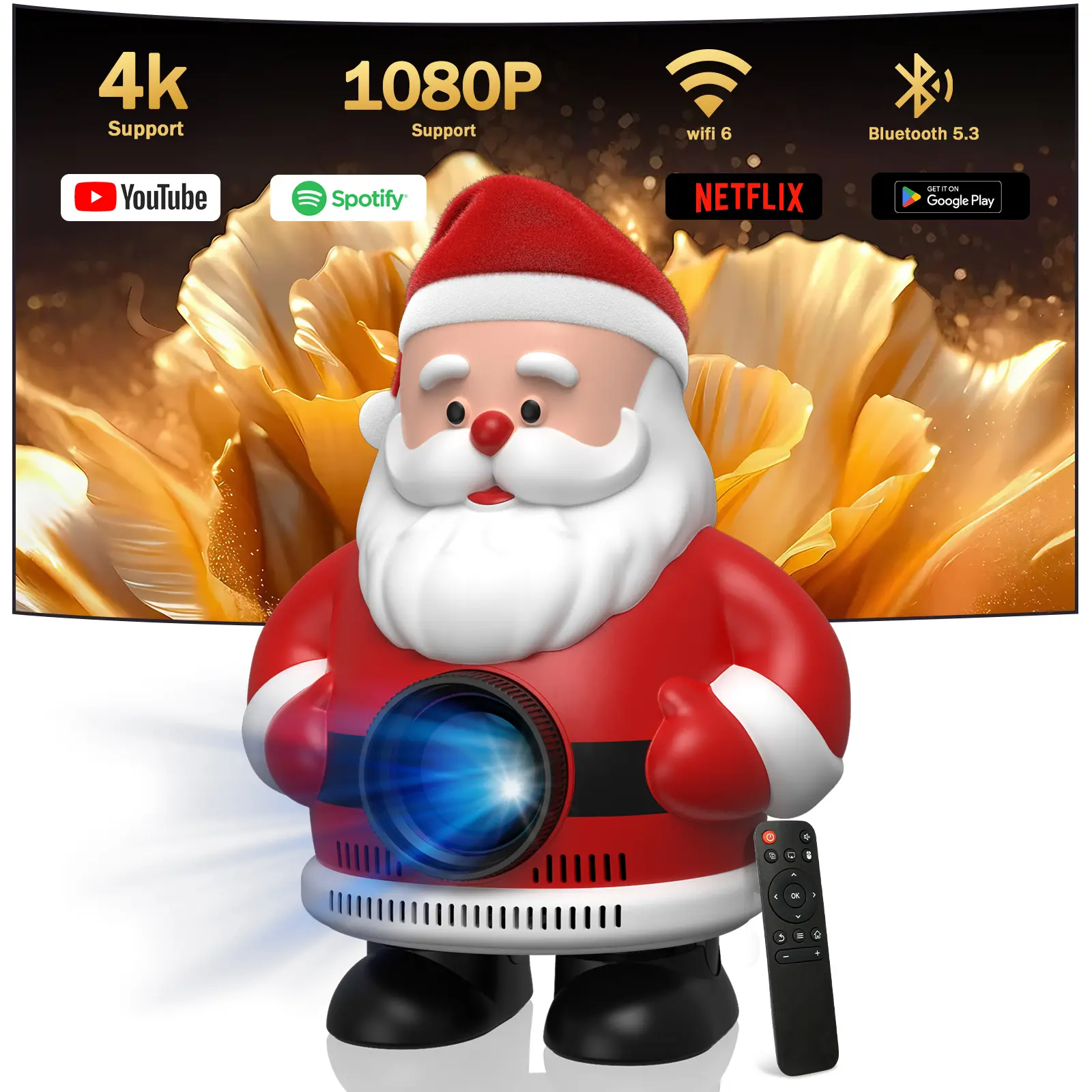Mini Portable Projector with Wifi and Bluetooth,Cute Santa Design,Native 1080P Support 4K,Auto Keystone for Home Bedroom