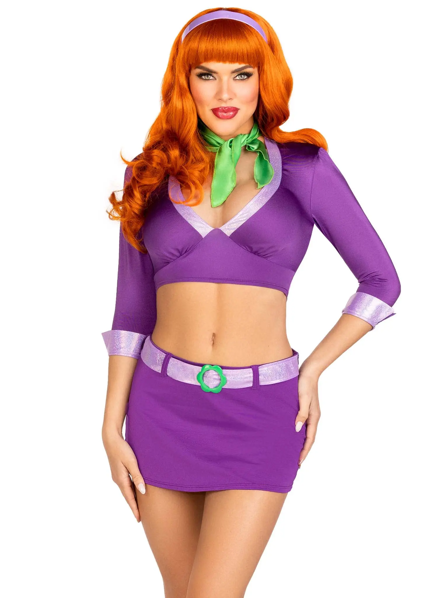 Leg Avenue Women's Sexy Meddling Cutie Daphne Halloween Costume - 5-Piece Set with Purple Dress, Crop Top, Green Scarf, Purple Headband, Cute Party Wear Accessories, Clothes, Fit, Skirt, Halloween Ideas, Lady, Funny, Trick Or Treat