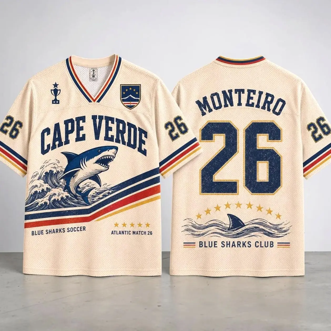 Cape Verde Football Shirt Custom Name Monteiro 26 Jersey Vintage Blue Sharks Club Tee Special Birthday Gift for Dad Ocean Game Day Clothing