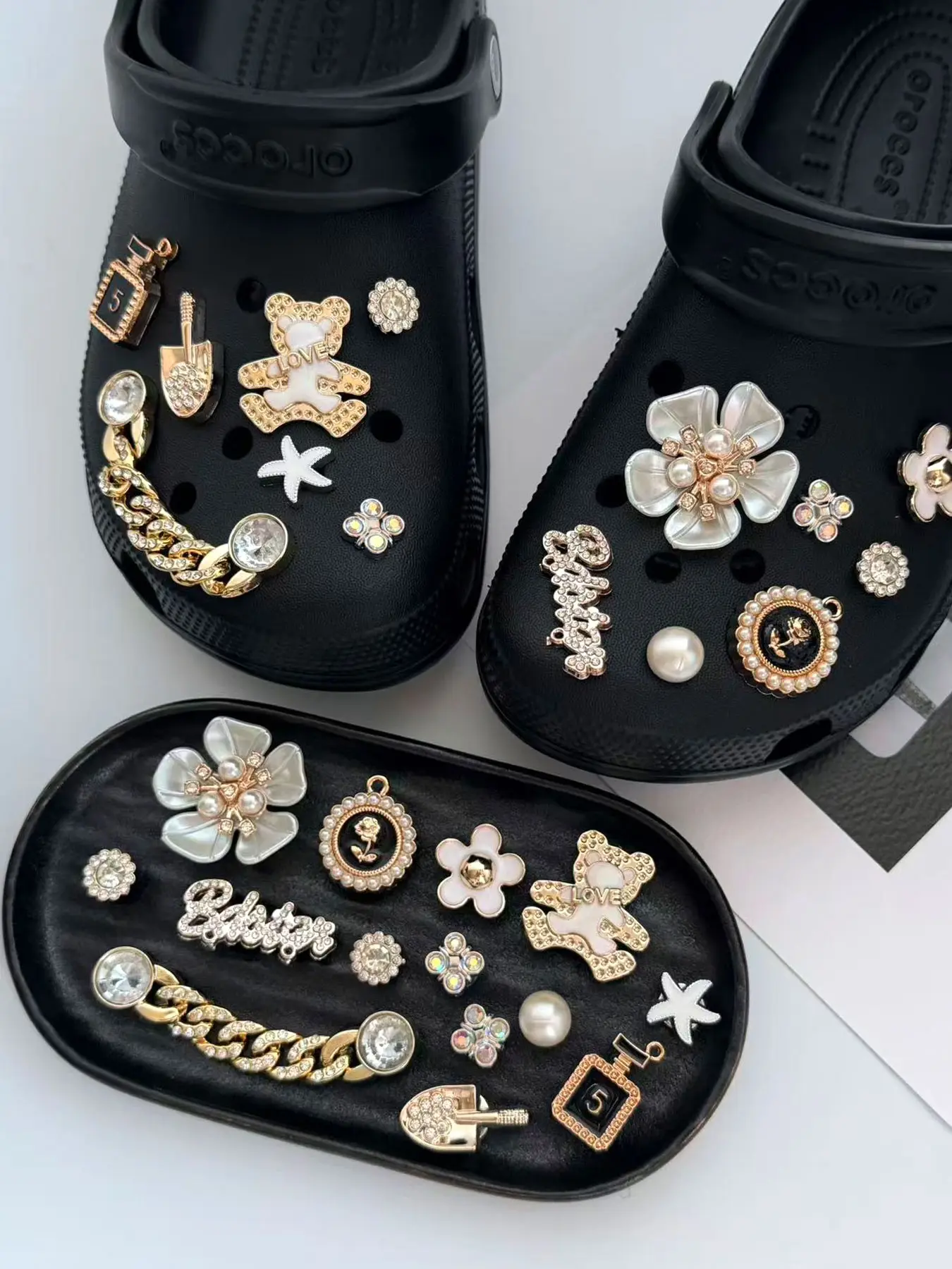 14-Piece Hole Shoe Buckle Set, Rhinestone Teddy Bear Flower Chain Design, Luxurious Trendy Style, Hole Shoes Decoration Accessories, Shoe Embellishment Set, Cute Shoe Decorations, Shoe Charms