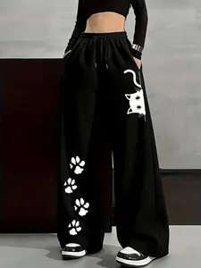 Women's Casual Comfortable Loose Cat Print Long Pants, Fitted Straight Leg Wide Leggings, All Seasons Home Outdoor Wear, Casual Fashion Trousers