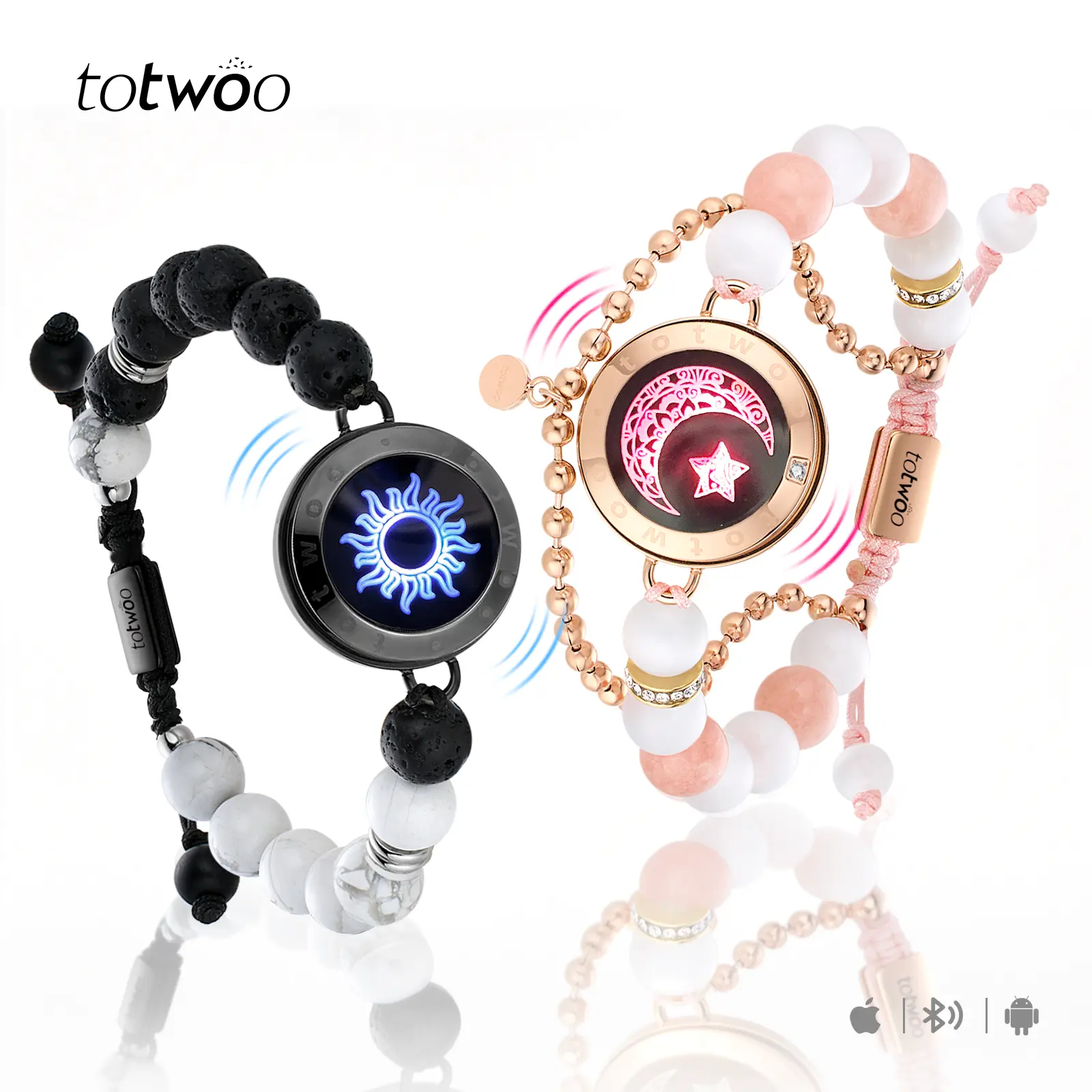 Totwoo Sun & Moon Bond Touch Long Distance Smart Couples Bracelets, Bluetooth App-Connected, Light-Up & Vibration Love Signal, Anniversary Gifts for Him, Romantic Relationship Jewelry, Bond Touch Bracelets