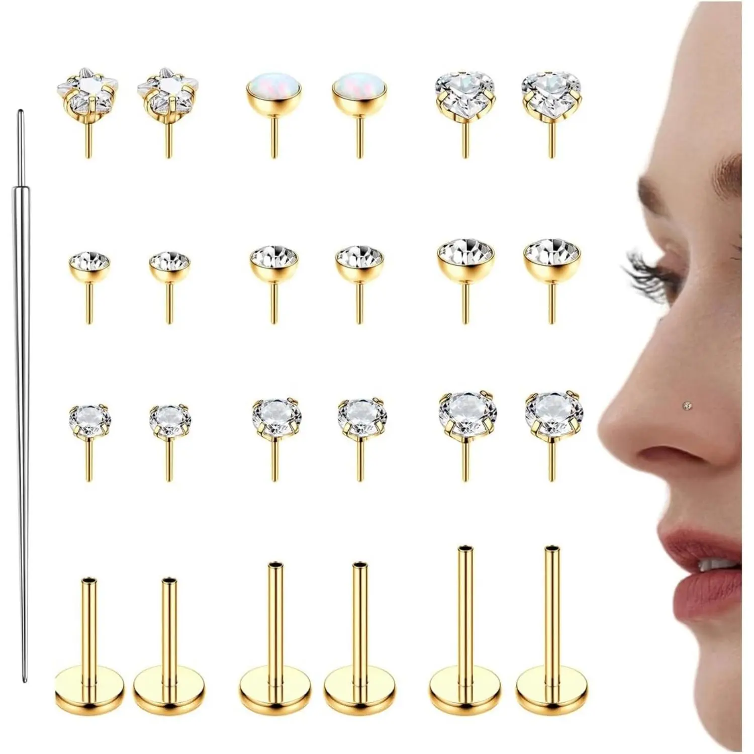 ZELORES 25Pcs 14K Gold-Plated Threadless Stud Set - 316L Stainless Steel Labret, Push-In CZ Opal Flat-Back Jewelry (1.5mm,2mm,3mm) for Women, with Small Hoop Earrings, Nose Piercing & Threadless Piercing Essentials, Minimalist Appeal, Daily Wear