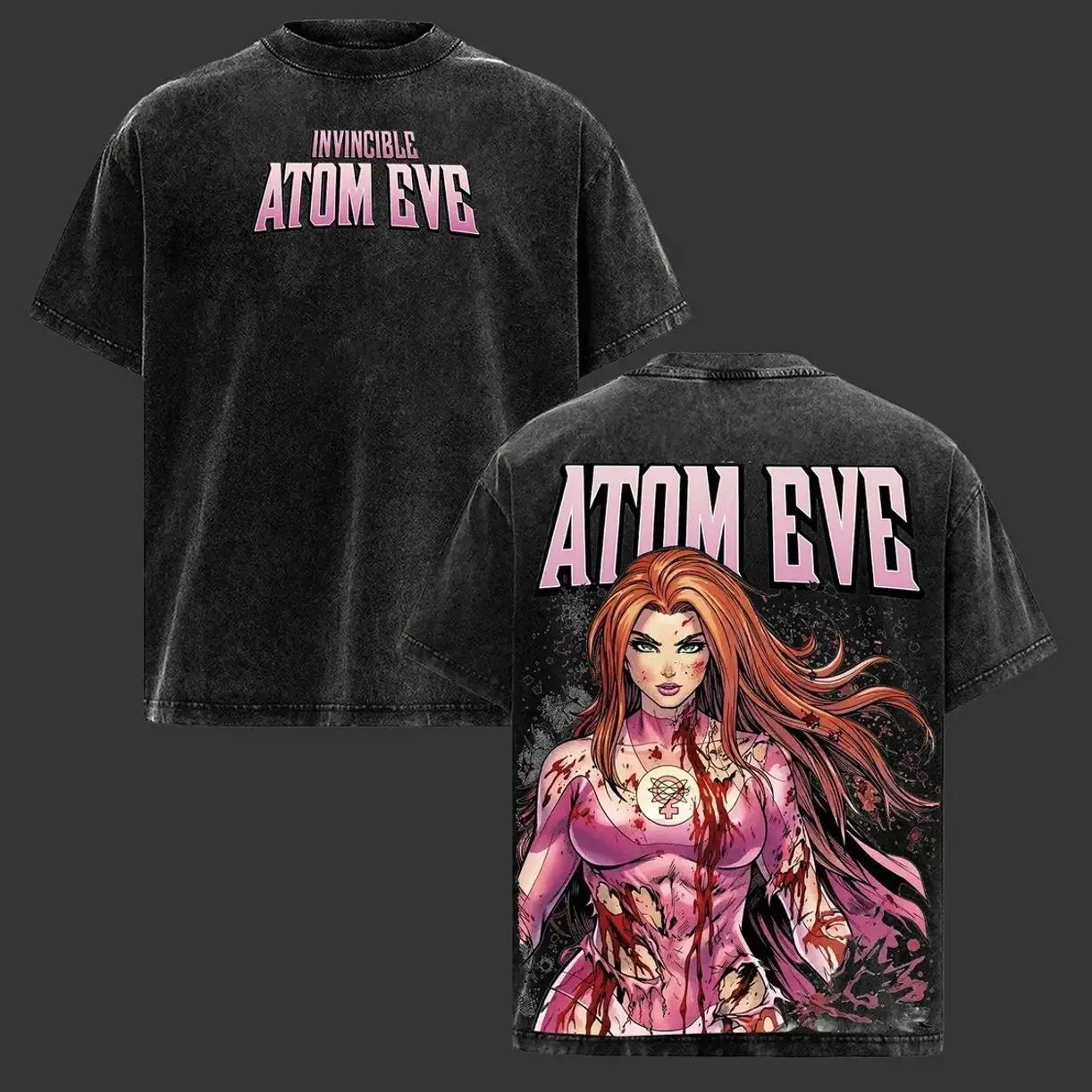 Invincible Atom Eve Graphic Tee Vintage Washed Oversized Heavyweight T Shirt | Female Superhero Comic Streetwear Shirt | Large Back Print Graphic Tee | Heavy Cotton Unisex | Gym Pump Cover Gamer Outfit | Gift For Invincible Fans H30