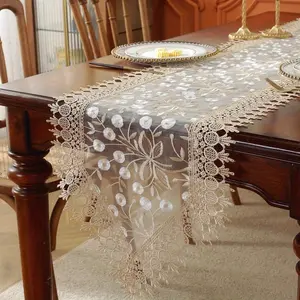 1pc Pointed Table Runner, Polyester Organza Fabric, Embroidered Dandelion Flowers, Lace Trim, Home Decor, Party, Wedding