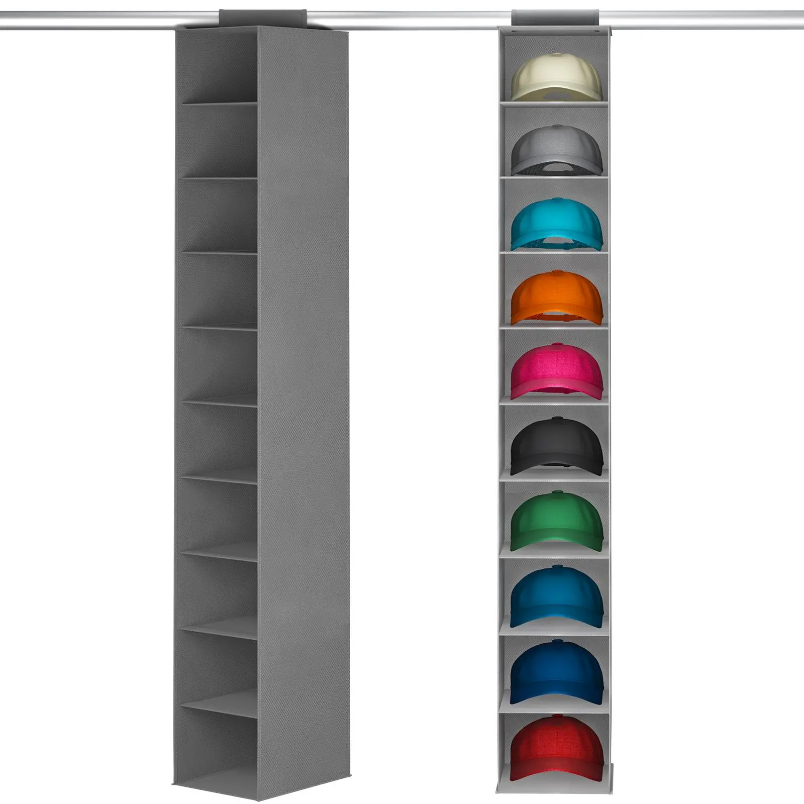 Lifewit Hanging Hat Storage Rack, Foldable Non-Woven Fabric Rod Hanger with 7 Rod-Hang Slots, 10 Compartments, Reinforced Stitching, Top Hook-and-Loop Grips, Space-Saver Black Rectangle Closet Organizer