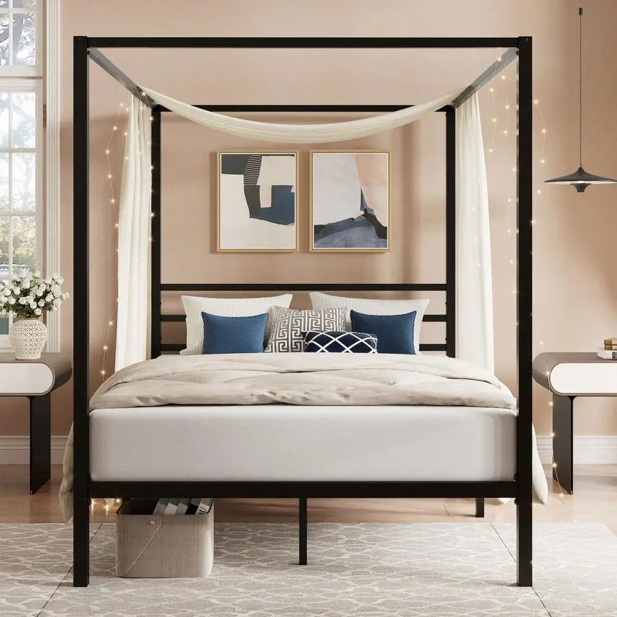 Black Metal 4-Post Canopy Platform Bed Frame - Full/Queen Size, Solid Metal Iron Slats Support (1000lb Capacity), Silent, No Box Spring Needed, Easy Setup Assembly, Indoor Furniture for Single Adults (Modern Bedroom Ideas)