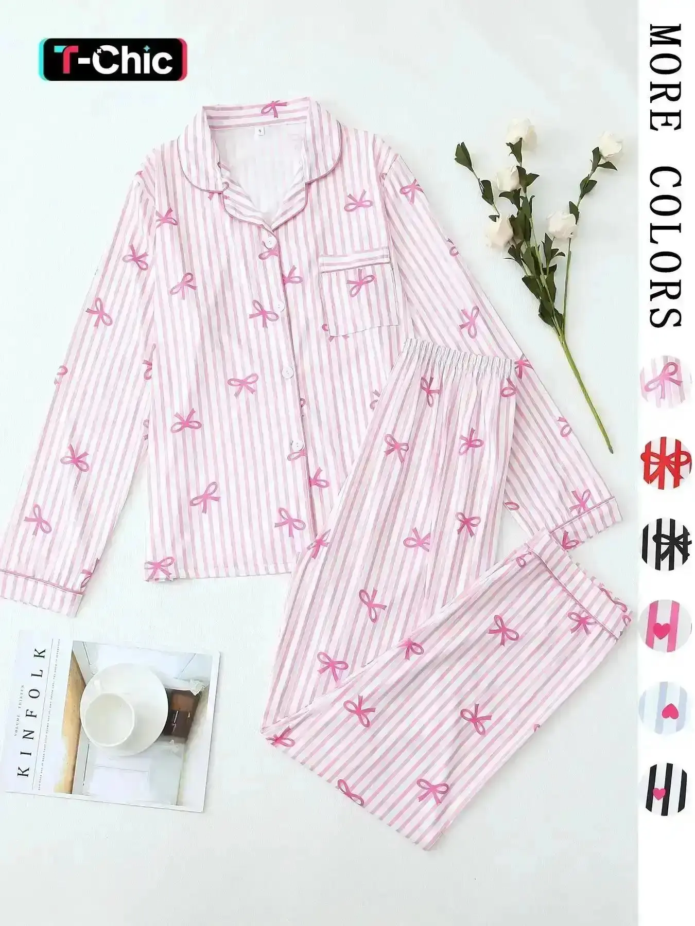 Fashion Matching Two Piece Set, Loungewear Set for Women, Women's Elastic Striped Bow Lapel Shirt and Pants Two-Piece Sleepwear Long Sleeve, Spring & Fall, Cozy Home Wear WFH & Lazy Days, Gift Her, Classy, Sexy Fit