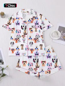 Women's Spring Summer Sleepwear Set Pajamas, Fun Glasses Dog Print, Comfortable Shirt Collar Short Sleeve Top and Loose Elastic Shorts
