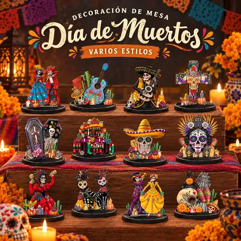 Day of the Dead Altar Decorations Dia De Los Muertos Ofrenda Decor Wooden Sugar Skull Centerpiece Figurine for Mexican Fiesta Supplies