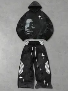 Men's Two-Piece Set Hoodie + Sweatpants, Artistic Heart Print & Cross Star Design, Trendy Casual Comfortable Fit, Perfect for Daily Wear