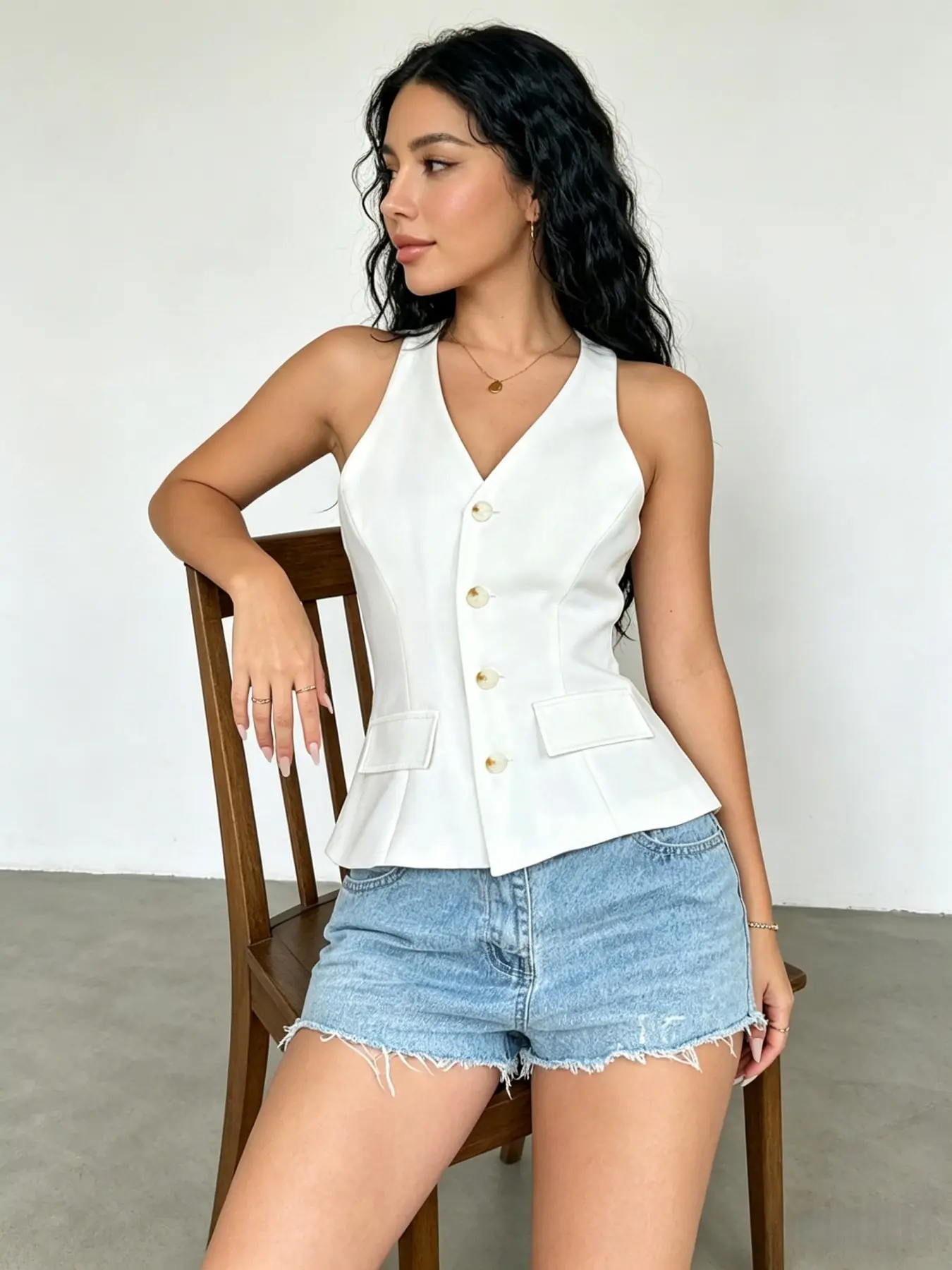 French Office Chic White V-Neck Single-Breasted Waist-Cinched Tailored Vest Effortless Minimalist White V-Neck Fitted Sleeveless Blazer Vest Y2K Casual White V-Neck Single-Breasted Slimming Tailored Vest
