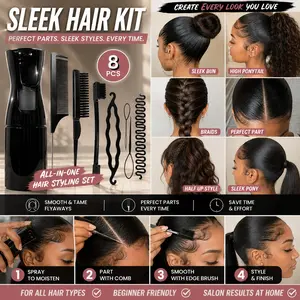 Sleek Hair Styling Kit with Spray Bottle & Edge Brush, Hair Tools Set for Baby Hair, Clean Parts, Ponytails, Braids & Slick Back Styles for Women & Girls