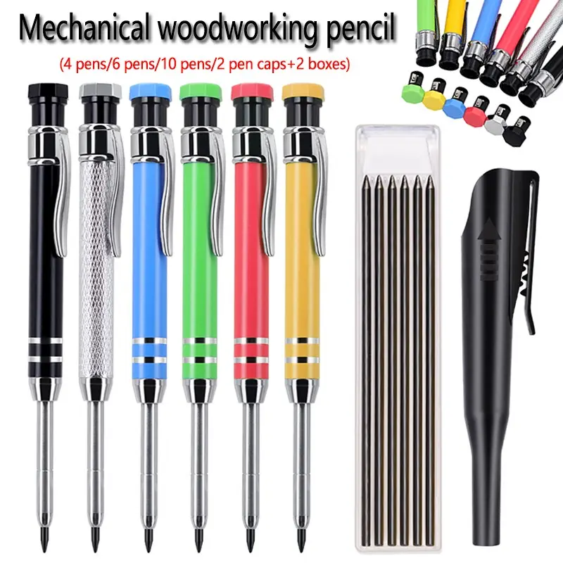 2.8mm high-quality metal woodworking pencil set, Construction Pencils, suitable for deep hole marking, woodworking drawing, and construction tools (4 pens/6 pens/10 pens/2 pen caps+2 boxes of lead)