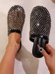 Summer New Fashion Rhinestone Mesh Slippers, Pointed Toe Lazy Mules, European Style Bling Outdoor Shoes, PU Upper Material