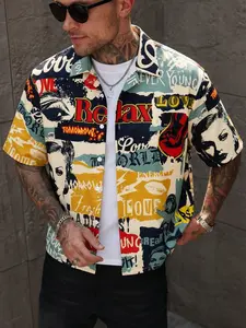 Men's Retro Pop Art Collage Print Short Sleeve Button Up Shirt | Lightweight Breathable Polyester, Vintage Graffiti Style, "Relax" & "Love" Slogan Graphic, Classic Collared Design, Regular Fit, Y2K Streetwear Fashion Casual Shirt, Ideal for Summer,