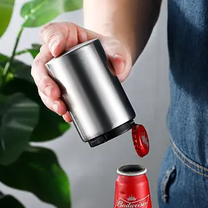Premium Beer Opener (Silver) Magnetic Automatic Stainless Steel Push-Down Opener Removable Bottle Cap Quick Opening Suitable for Kitchens, Homes, Bars, Restaurants, Picnics, Camping and Hiking