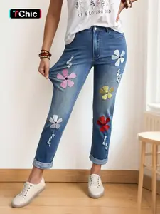 Women's Plus Size Stretch Denim Jeans, Floral Design, Fashionable Everyday Wear, Four-Season Women's Plus Size Jeans