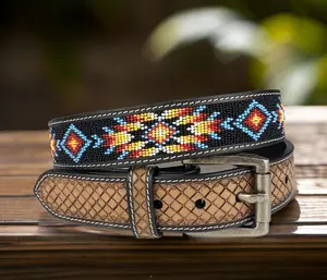 Beaded Leather Tooled Western Engraved Leather Belt 100% Genuine Full Grain Cowhide Engraved Personalized Handmade Genuine Cowboy Belt