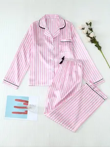 Two-Piece Set Women's Striped Print Lapel Neck Pocket Shirt & Bow Decor Pants Satin Pyjama, Long Sleeve Button Up Top & Trousers PJ Set, Women's Sleepwear for Spring & Fall