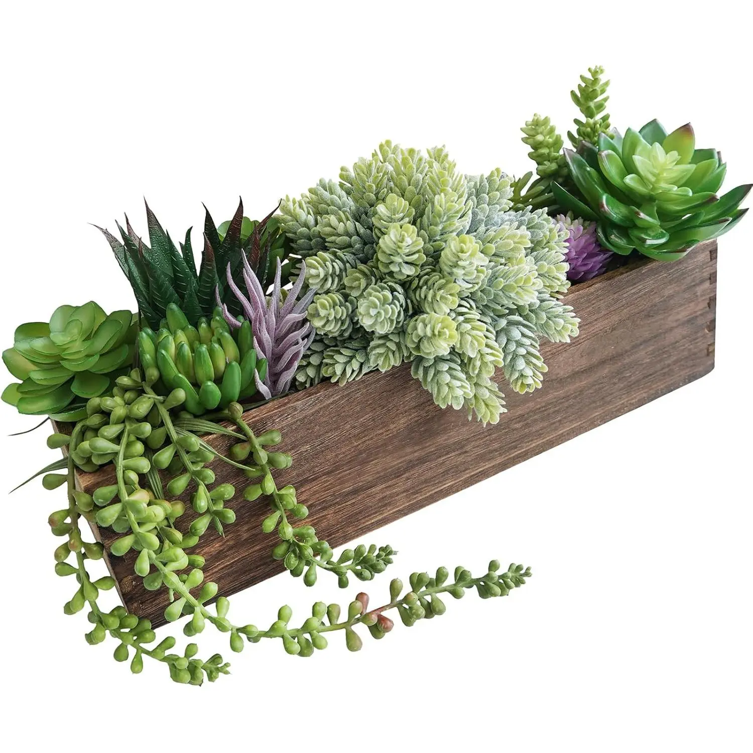 15" Assorted Artificial Succulent Arrangement in Rectangular Wooden Planter Faux Potted Plant for Farmhouse Table Centerpiece Windowsill Shelf Desk Mantel Decor