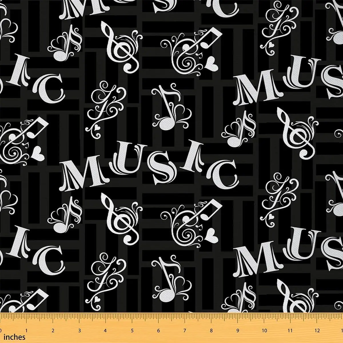 Music Theme Soft Flannel Polyester No Stretch Fabric White Musical Notes Artistic Design DIY Fabric Black Geometric Stripes