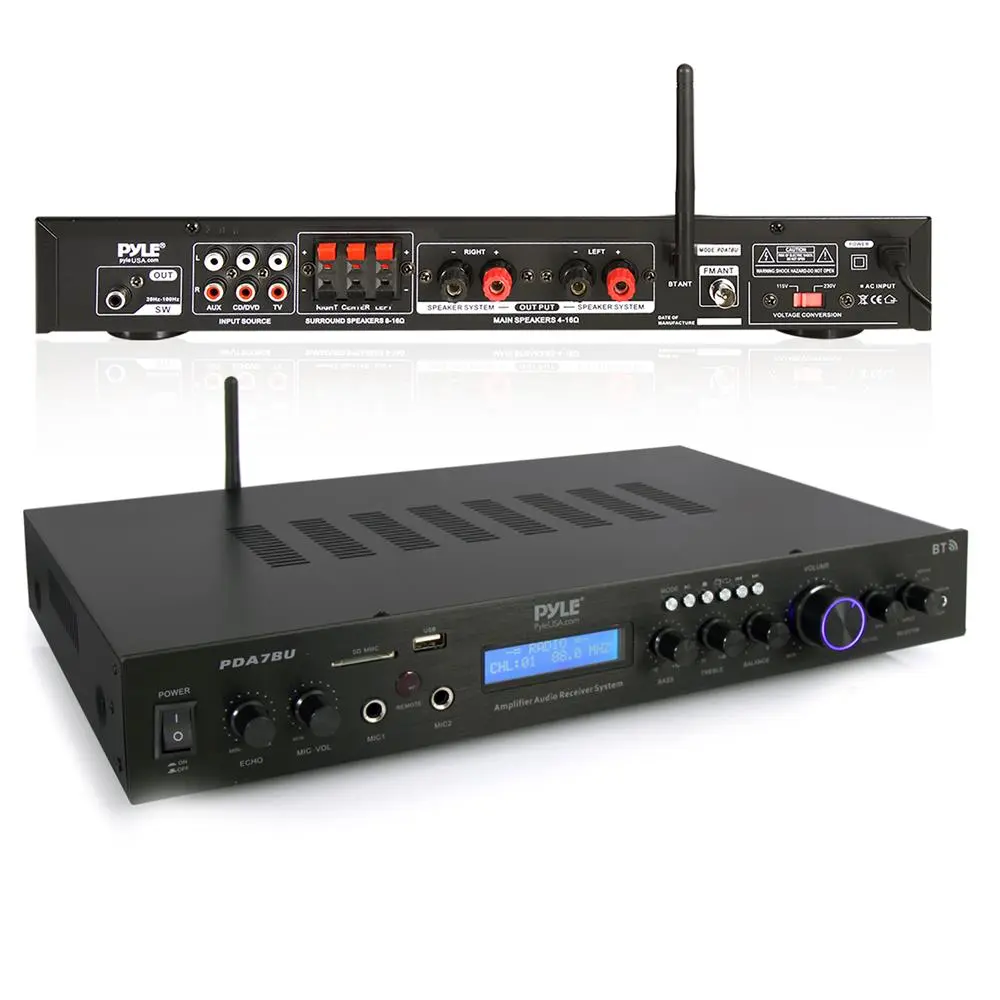 Bluetooth Radio Receiver & Amplifier - 200W | Home Theater Amplifier Receiver 2.1 Channel - Rack Mount Stereo Audio System with USB, SD, AUX, FM Radio, RCA Subwoofer Output, Dual Mic Inputs, Remote Control & LCD Display - Wireless Streaming
