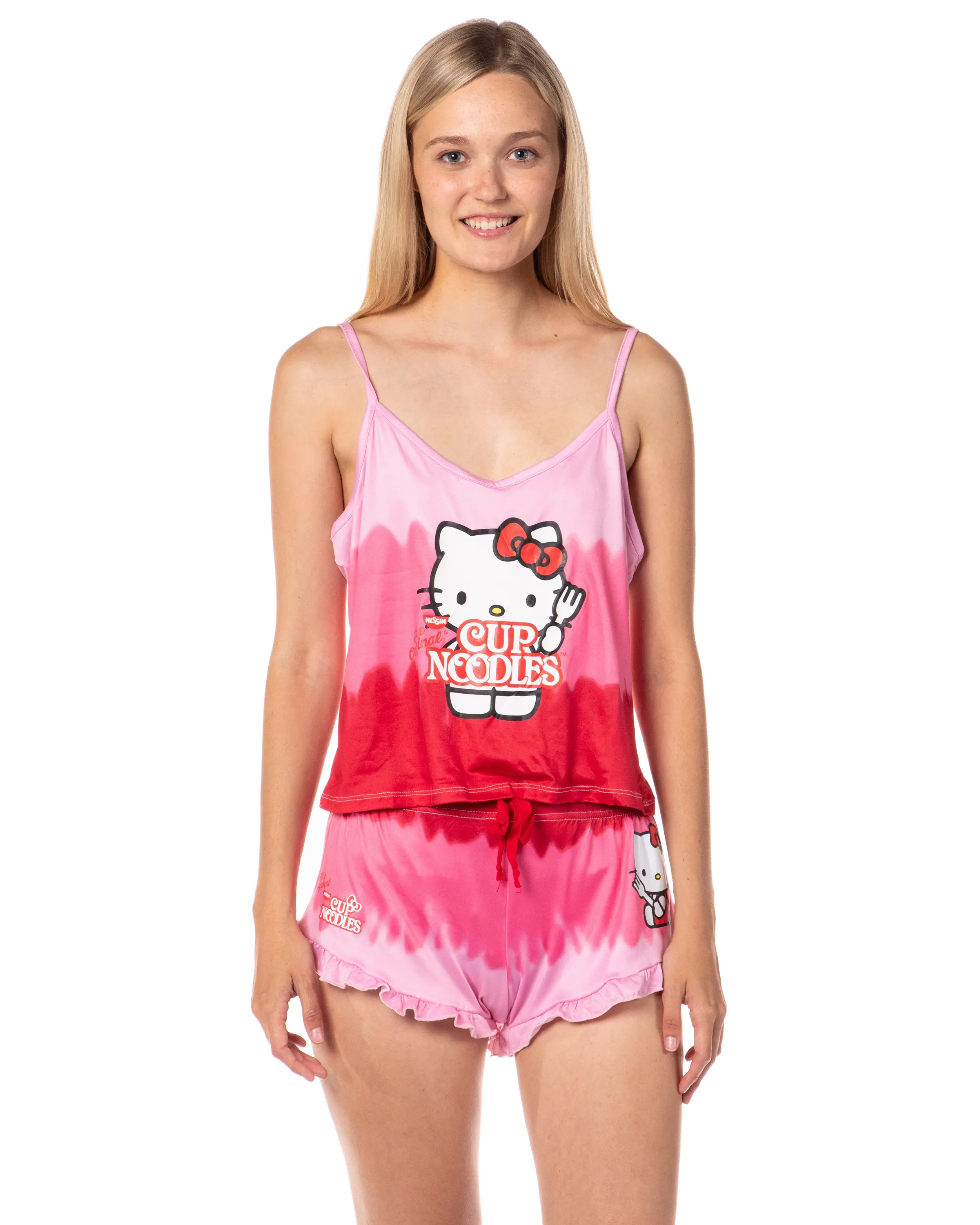 Hello Kitty X Cup Noodles Women's Tie-Dye Cami and Shorts 2-Piece Lounge Sleep Set, Spaghetti, Straps, Nightwear, Fabric, Matching, Adjustable