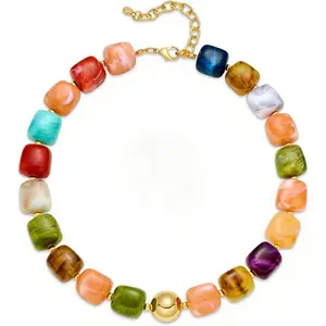 Women's Chunky Square Resin Beaded Chain & Link Necklace, Female Y2K Trendy Multicolor Statement Choker, Long Boho Daily Summer Vacation Fashion Costume Jewelry Gift