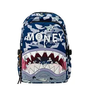 New Colorful Shark Print Camouflage Backpack, Lightweight Student Bag, Large Capacity Trendy Cartoon Fashion Casual Shoulder Bag