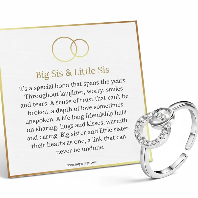 Big Sister Little Sister Ring, Sterling Silver Interlocking Double Circle Rings for Sisters, Meaningful Sibling Jewelry Gift, Unbiological Sister Birthday Present, Friendship Promise Ring Elegant Design Message Card Warmth And Caring tiktokshopspringglowu