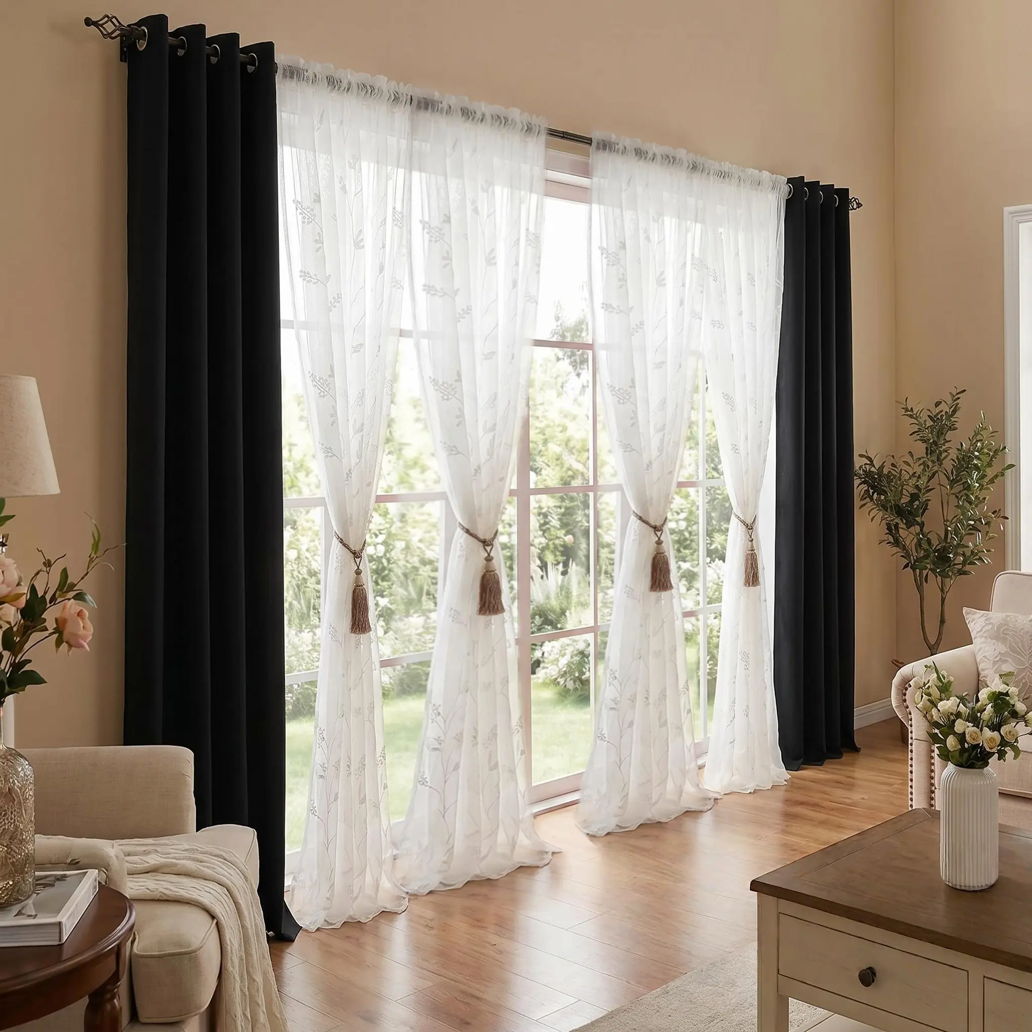 6 Panels Combination Curtains Including : 2 PANELS 54"X84" Solid Full Blackout Grommets Curtains & 4 PANELS 54"X84" Auover Embroidery Doli Sheer Rod Pocket Curtains living room bathroom holiday decoration cortinas inganchos bedroom uv protection