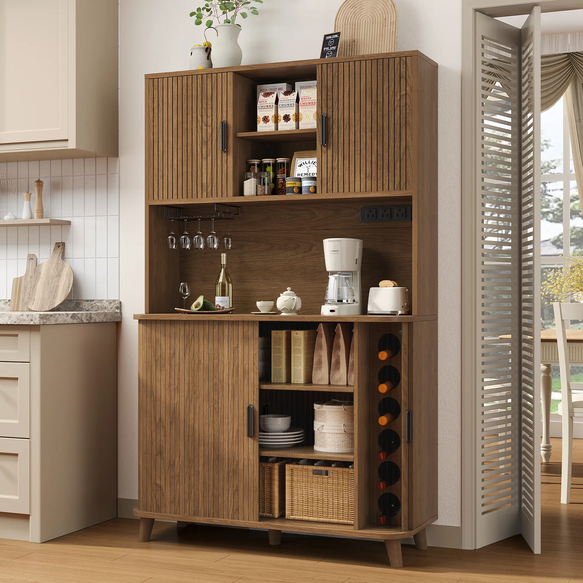 Aowos 71” Pantry Cabinet with Charging Station, Kitchen Storage Cabinet with 2 Sliding Tambour Doors, Hutch Bar Cabinet with Built-in Wine Rack and Adjustable Shelves, Freestanding Buffet Sideboard for Kitchen, Coffee Bar Station, Walnut, Black, Natural t