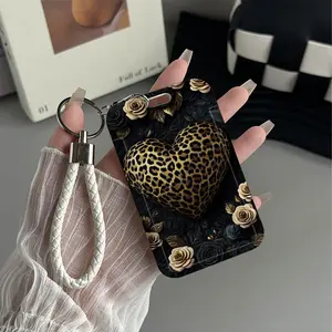 Leopard Heart Noir Pattern Design Plastic Id Card Holder With Lanyard for Doctors, Nurses, Students-Bus Card Case, Campus Card Protector Perfect Halloween Christmas Gift