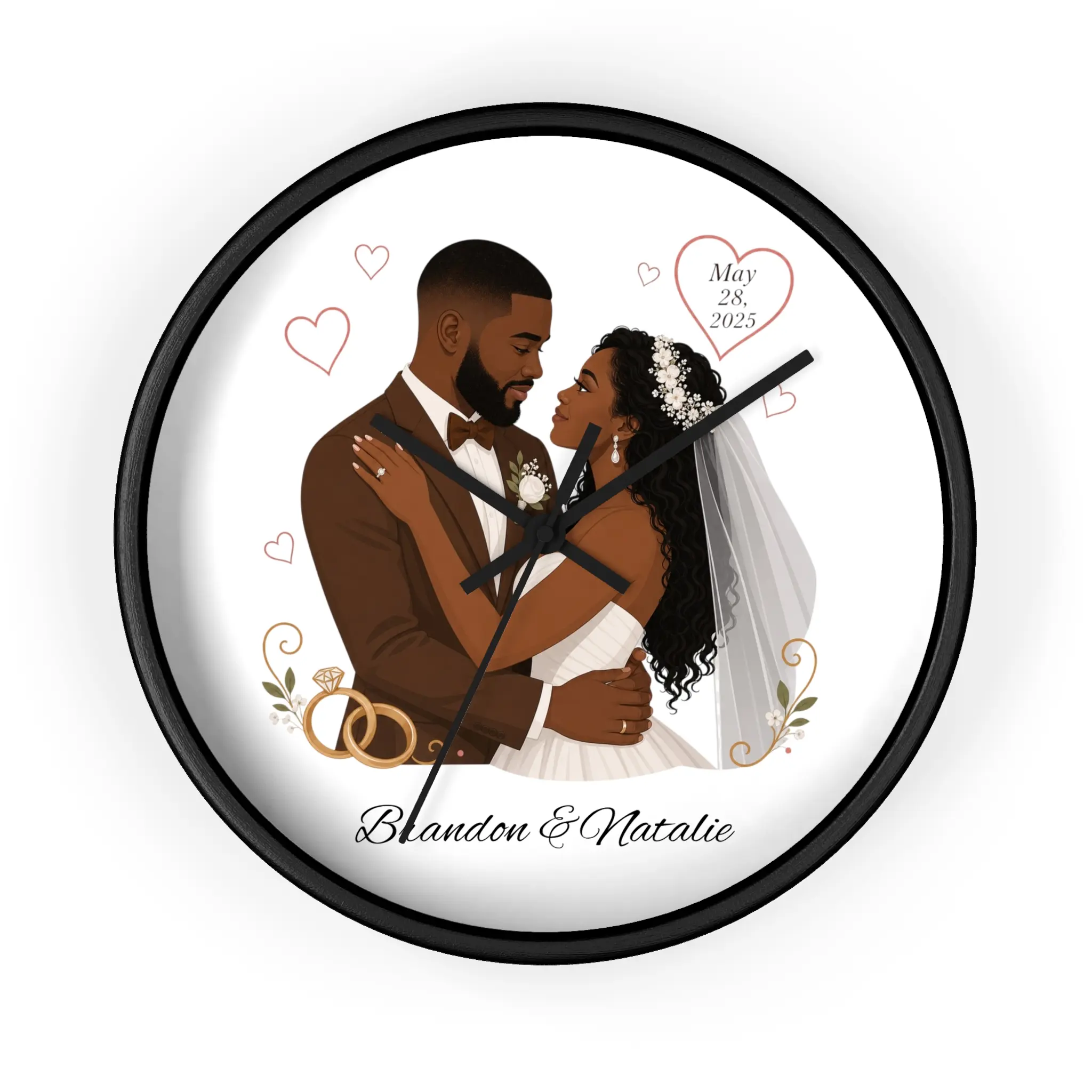 Personalized Bride and Groom Wedding Illustration Wood Frame Wall Clock - 10x10 in Silent Mechanism, Black Base, Custom Names & Date, Nursery/Anniversary Gift, Marriage Day Personalized Art Hanging Home Decor Accent